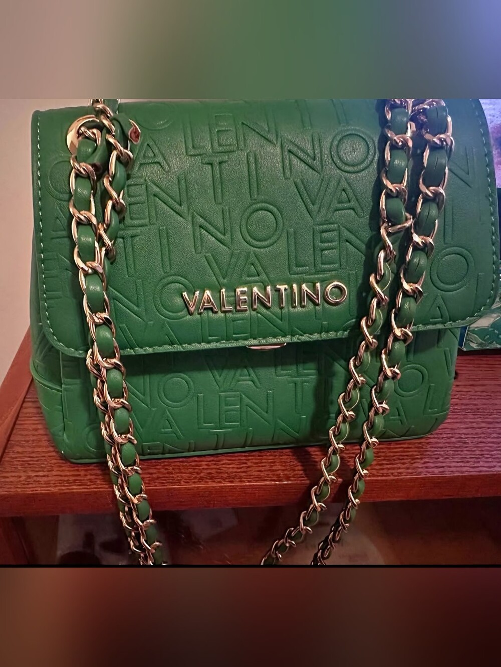 Valentino Green Embossed Logo Chain Crossbody Bag